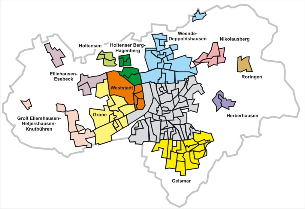 Eine Karte mit der politischen Grenze von Göttingen sowie den Wahlbezirken. Diese sind farblich zusammengefasst. Dargestellt werden hier die Ortsrats-Bereiche sowie die Weststadt und der Holtenser Berg-Hagenberg.